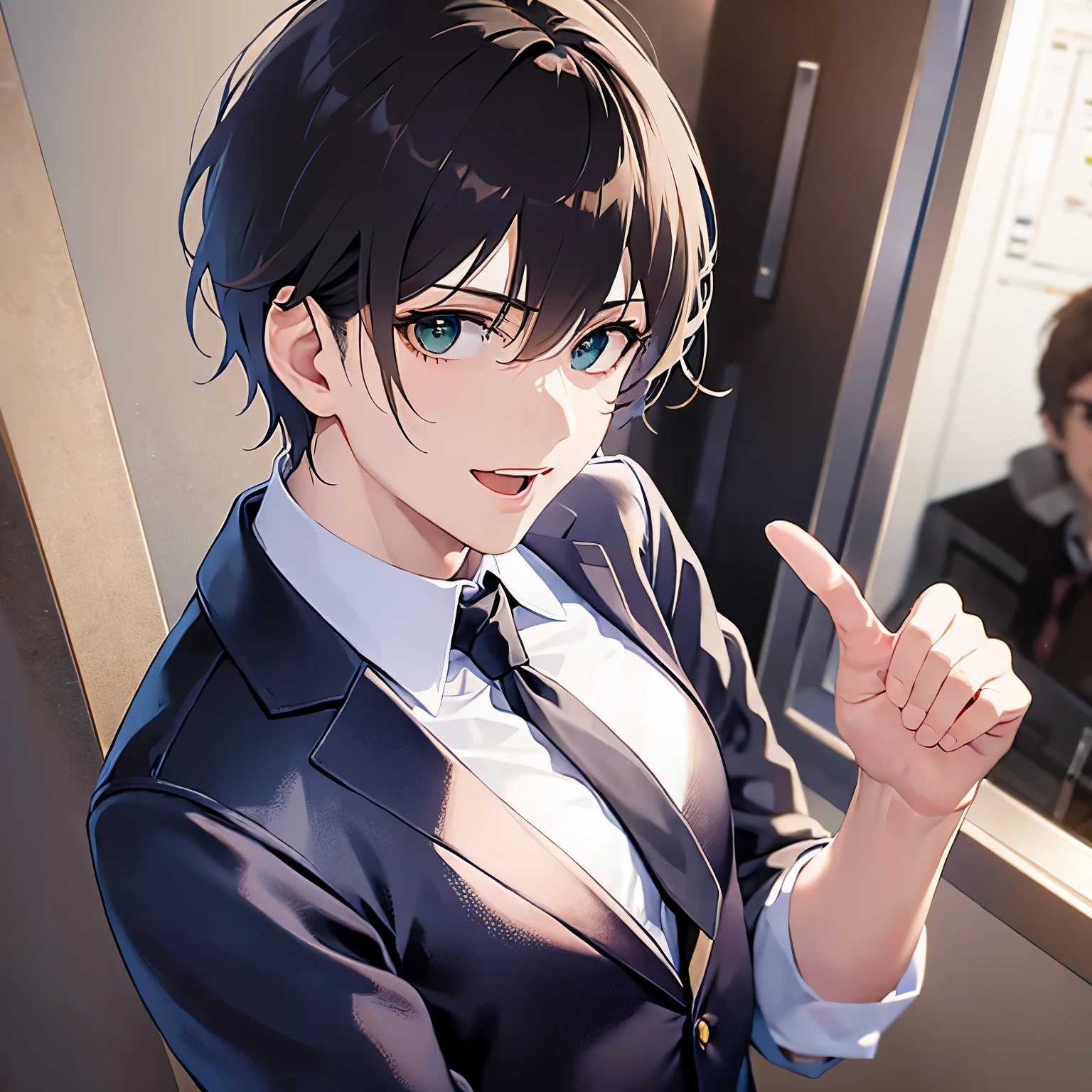 hand up, upper body、 masterpiece、Highest quality、(25-year-old male:1.5) and (Brown short hair) and (green eyes), BREAK (suit:1.5) and (Blue tie） BREAK 立っている、smile、open mouth, The background is the conference room、alone、Upper body is shown