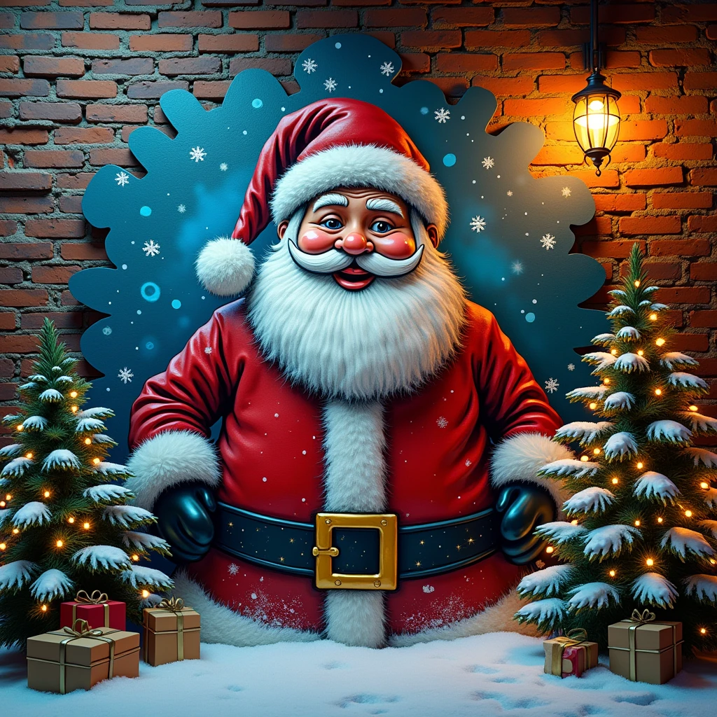 A Christmas-decorated brick wall with graffiti of Santa Claus, Christmas lights, snow, pine trees, warm lighting, detailed ornaments, festive mood, photorealistic, 8K, HDR, cinematic lighting, intricate details, vibrant colors, whimsical, magical, enchanting atmosphere