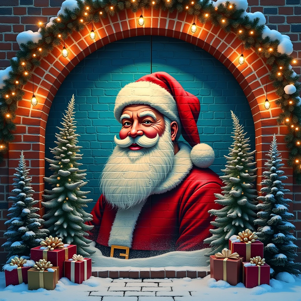 A Christmas-decorated brick wall with graffiti of Santa Claus, Christmas lights, snow, pine trees, warm lighting, detailed ornaments, festive mood, photorealistic, 8K, HDR, cinematic lighting, intricate details, vibrant colors, whimsical, magical, enchanting atmosphere
