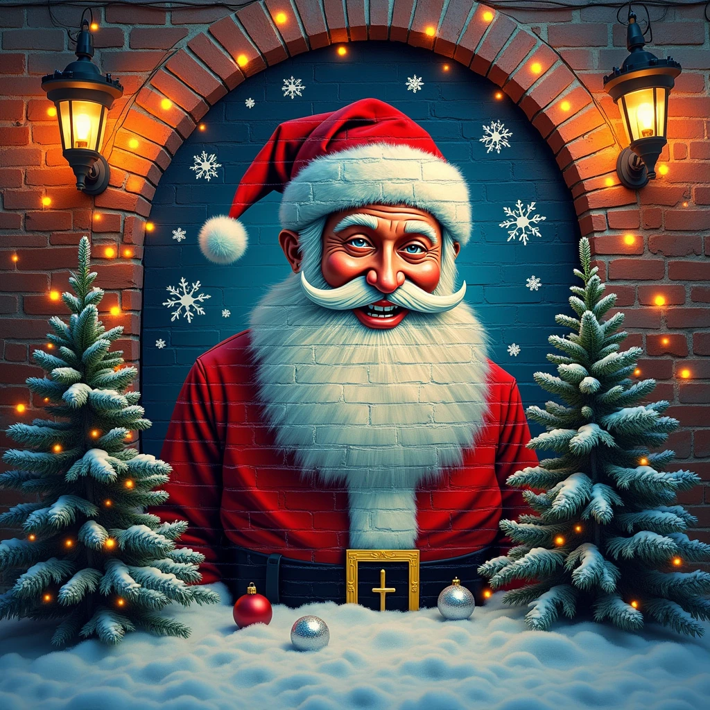 A Christmas-decorated brick wall with graffiti of Santa Claus, Christmas lights, snow, pine trees, warm lighting, detailed ornaments, festive mood, photorealistic, 8K, HDR, cinematic lighting, intricate details, vibrant colors, whimsical, magical, enchanting atmosphere
