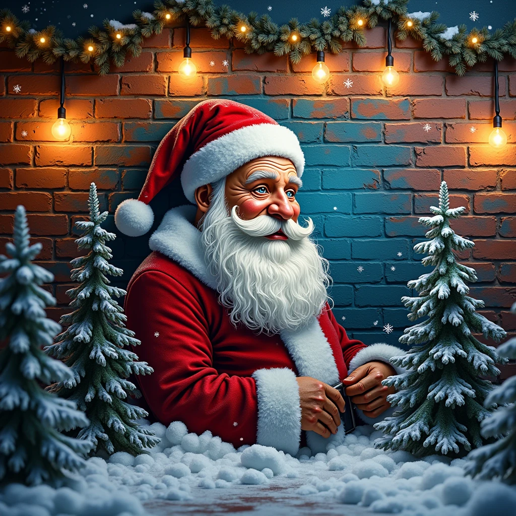 A Christmas-decorated brick wall with graffiti of Santa Claus, Christmas lights, snow, pine trees, warm lighting, detailed ornaments, festive mood, photorealistic, 8K, HDR, cinematic lighting, intricate details, vibrant colors, whimsical, magical, enchanting atmosphere