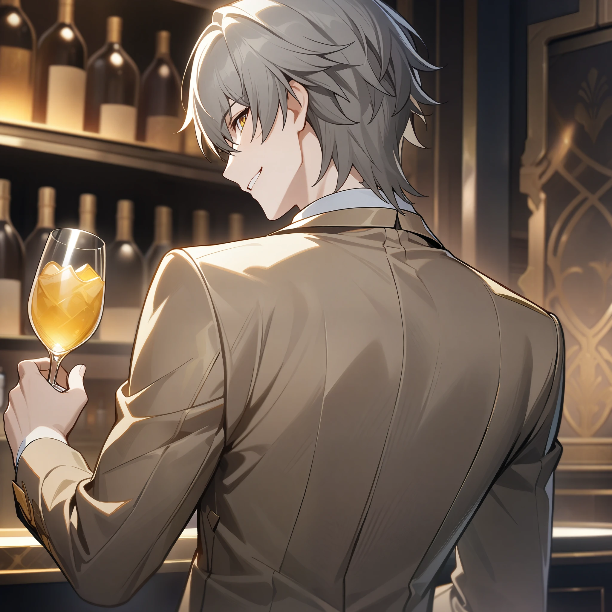 caelus from honkai star rail, 1boy, back turned, over the shoulder. holding glass, gold eyes, grey hair, handsome face, formal suit, white collar, simple bronze suit, bar background, upper body, decorative, masterpiece, high quality, hd, 4k, upper body, smiling 