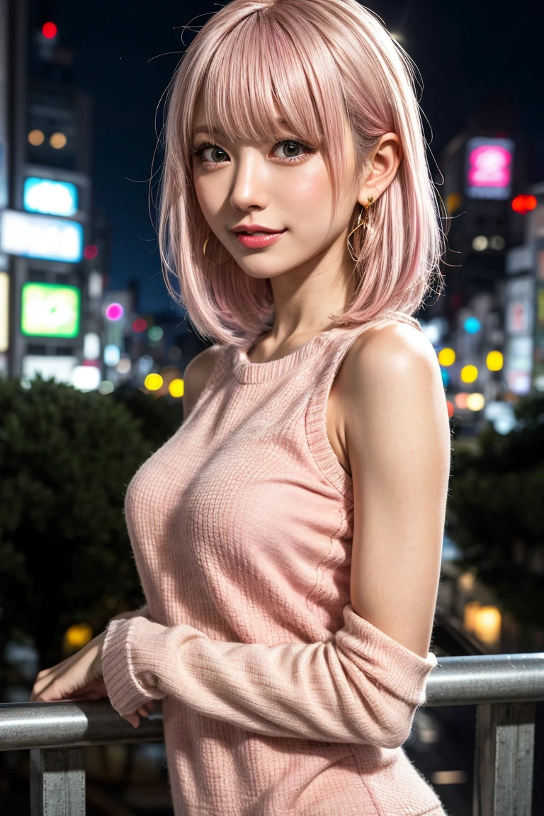 highest quality, Tabletop, 超A high resolution, (Realistic:1.4), (Japanese Idols),RAW Photos, One Girl, night,Detailed skin,Blurred streetscape of Korea,,blond HAIR, (PINK INNER HAIR:1.3),Glossy Lip,smile,(model posing:1.2),21 years old,Fine and beautiful eyes,Diamond Jewelry,Earrings,Gold Jewelry,Cold Light,Tight black knitwear,,(Strengthened upper arms:1.2),A well-trained body,Pixie Hair