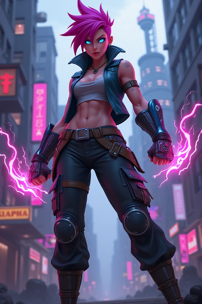 (((My Hero Academia Style))), (((Bibi))), (((Brawl Stars))), (((1girl))), (((female))), (((punk Girl))), (((punk))), (((Wide hips))), (((wide thighs))), (((medium breasts))), (((blue spiked leather jacket))), (((blue leather jacket))), (( (leather jacket with spikes))), (((lilac top tank))), (((top tank))), (((Abs))), (((exposed abdomen))), (((marked abdomen))), (((tight leggings black))), (((tight leggings))), (((black leggings))), (((baseball bat))), (((Holding a baseball bat))), (((holding a bat))), (((shark smile))), (((lilac eyes))), (((evil smile))), (((traditional black slippers))), (((black slippers))), (((traditional slippers))), (((hair black))), (((pompadour hairstyle))), (((black hair pompadour hairstyle))), (((perfect anatomy))), (((perfect hands))), (((super detailed))), ( ((full body photo:1.5))),