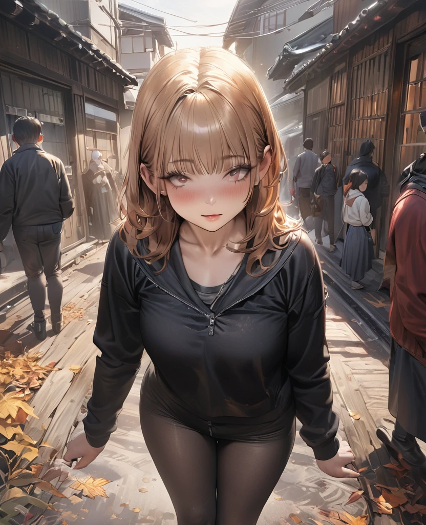 ((masterpiece, Highest quality, Best image quality, High resolution, Realistic, RAW Photos, 8k)), Autumn Morning, In a rural town in Japan, Students walk along the autumnal tree-lined path to the station, (View from above:1.3),
