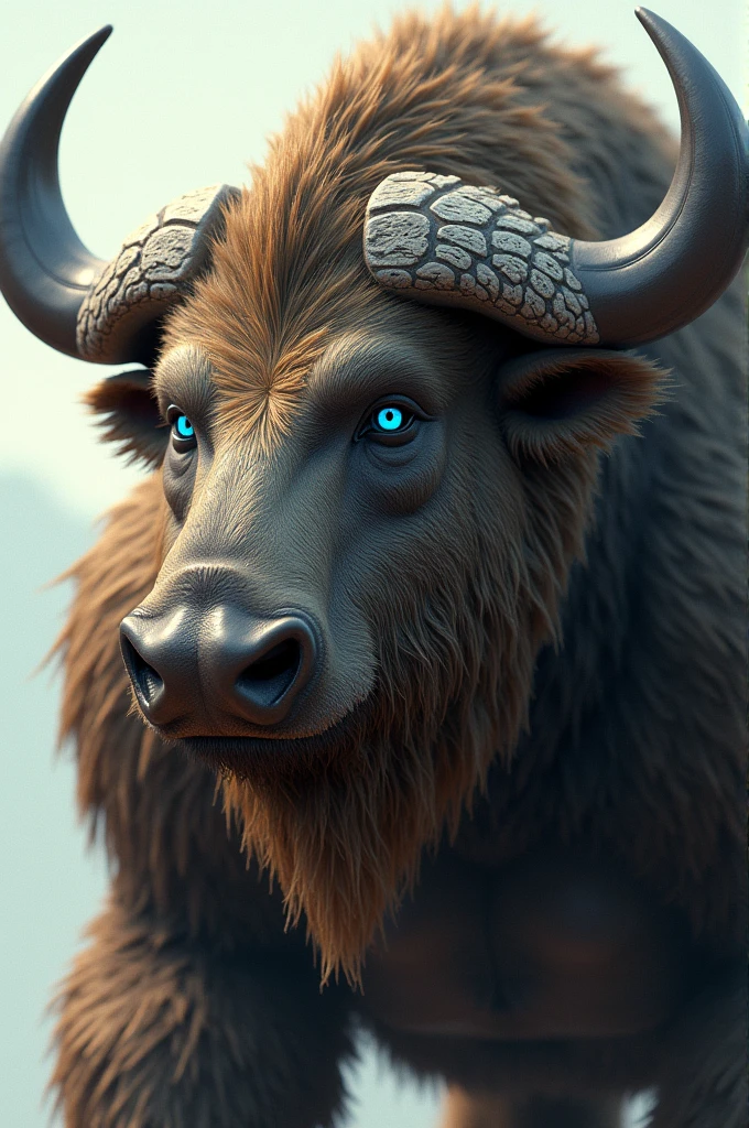 Head and face of a buffalo、The tusks and nose are those of a wild boar、Eyebrows are gorilla-like、The long tail is a wolf、Mane of a lion、The big body is a bear、A humanoid beast with only blue eyes