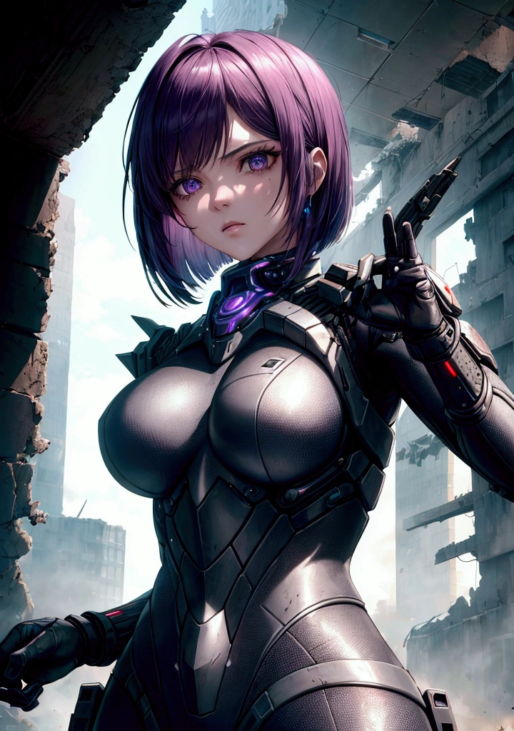 a beautiful young girl with purple hair in a bob cut, wearing a futuristic battle suit like a rider's outfit, standing in a post-apocalyptic ruined city, paying respects to the fallen, determined for the next battle, (best quality,4k,8k,highres,masterpiece:1.2),ultra-detailed,(realistic,photorealistic,photo-realistic:1.37),intricate details, striking pose, dramatic lighting, muted tones, cyberpunk, science fiction, cinematic