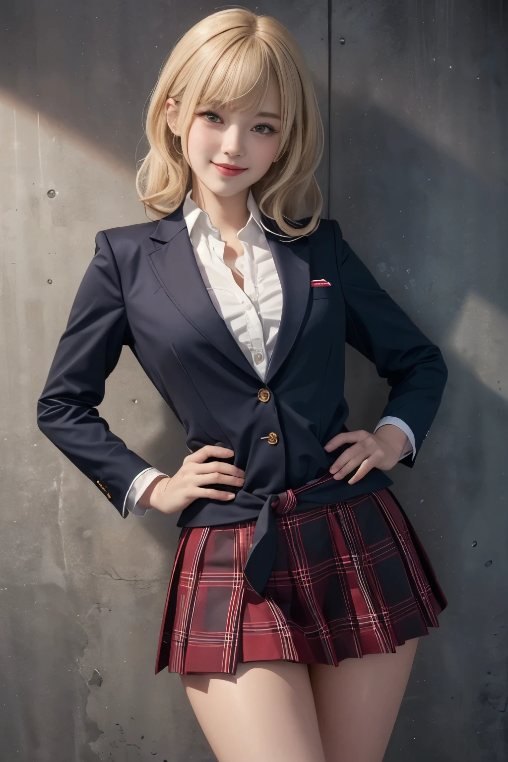 masterpiece,Highest quality, 8k, Ultra-high resolution, Very detailed, One girl, Medium chest, Wide open waist, thin, (Muscular:0.7), Rose Orianna Blonde Hair, Drill Hair, Blunt bangs, school uniform,blazer, Frilled shirt, skirt, Beautiful thighs, Round Breasts, 立った状態でMedium chest, Sexy pose, Put your hands on your hips, Waist shot, Watch with a viewer, blush ,smile, Lips parted