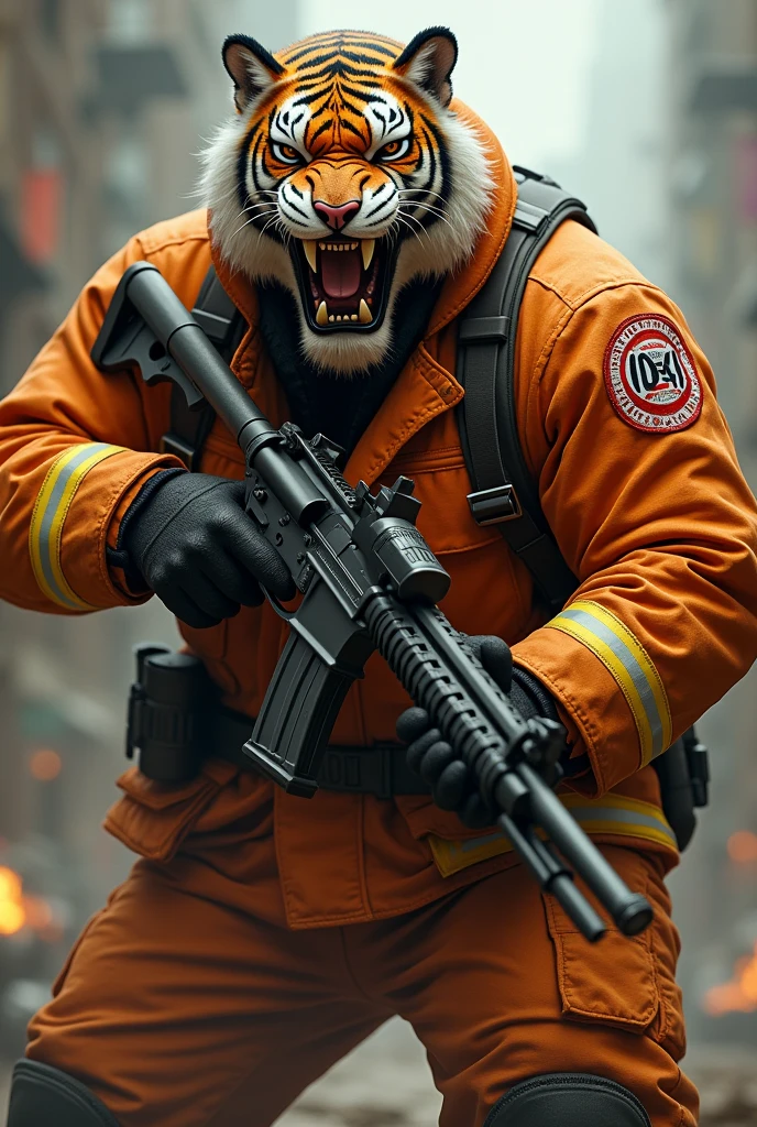 (a dark-skinned fat muscular old man in orange firefighter suit) carrying a gun in right hand, (wearing realistic roaring tiger mask), dynamic action pose, fierce expression, showcasing an imposing stature, surrounded by military elements, dramatic shadows and intense highlights, cinematic color tones, high detail, powerful, art influenced by Bruce Onobrakpeya and Stanley Artgerm, ultra-detailed, best quality image, action-packed atmosphere. fighting stance.
