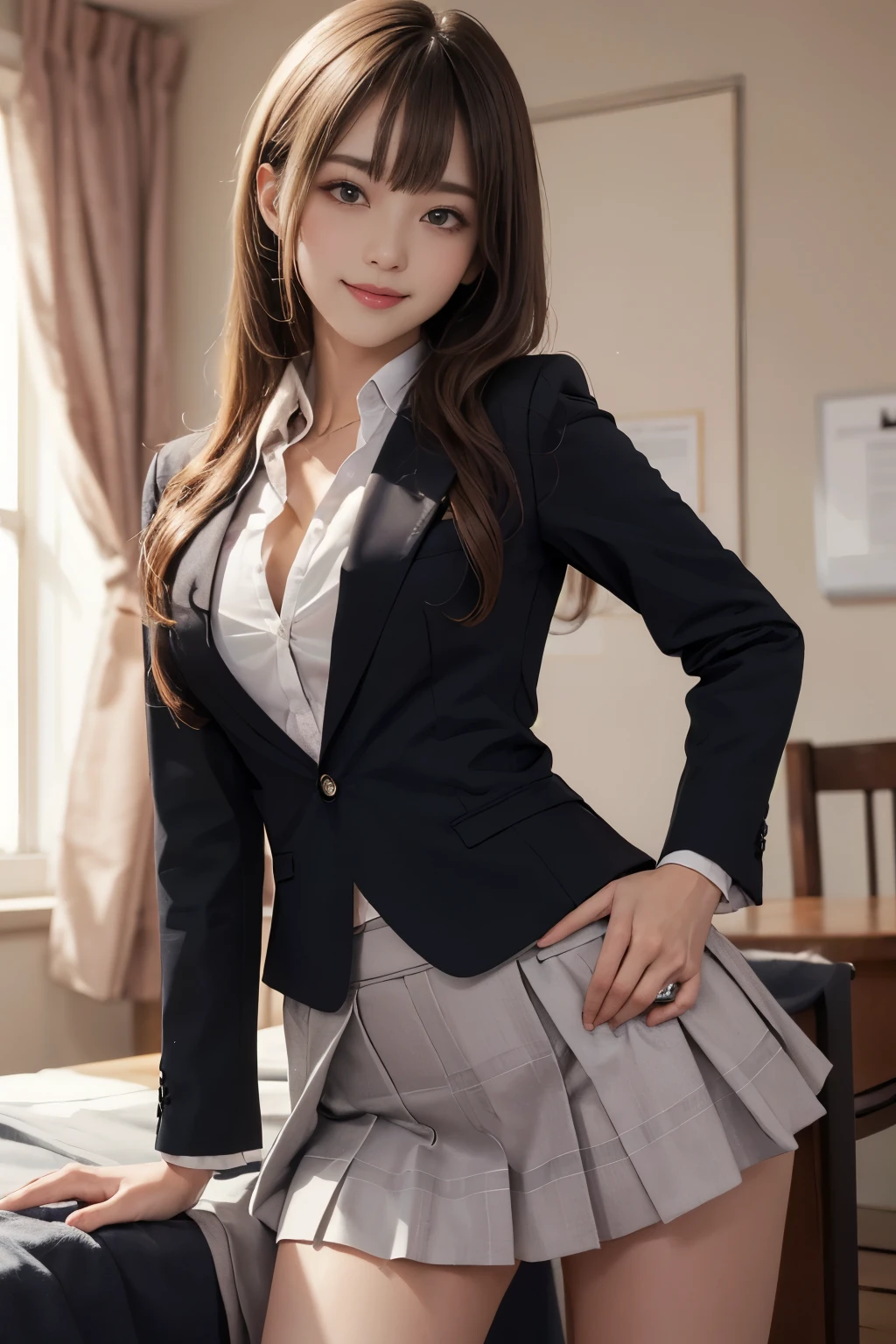 masterpiece,Highest quality, 8k, Ultra-high resolution, Very detailed, One girl, Medium chest, Wide open waist, thin, (Muscular:0.7), Rose Orianna Blonde Hair, Drill Hair, Blunt bangs, school uniform,blazer, Frilled shirt, skirt, Beautiful thighs, Round Breasts, 立った状態でMedium chest, Sexy pose, Put your hands on your hips, Waist shot, Watch with a viewer, blush ,smile, Lips parted