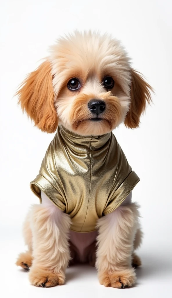 The best mobile wallpaper, Award winning wallpaper, portrait photography, In the front view there is a portrait of a cute dog dressed in modern urban clothes., side view shot, Establish a marked contrast that accentuates the subject., white tone, Wear a modern 60s style., Bright colored clothing metallic beautiful white background