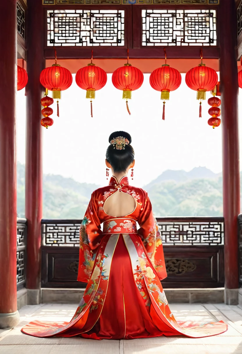 In the Qing Dynasty palace、Her breasts are large and her legs are spread wide、Bend your knees to make a V shape（Porn Pose）、Tying up your hair、She is shown in profile wearing a gorgeous Chinese empress&#39;s headdress.。In the background is the cobblestones outside a Qing Dynasty Chinese palace。