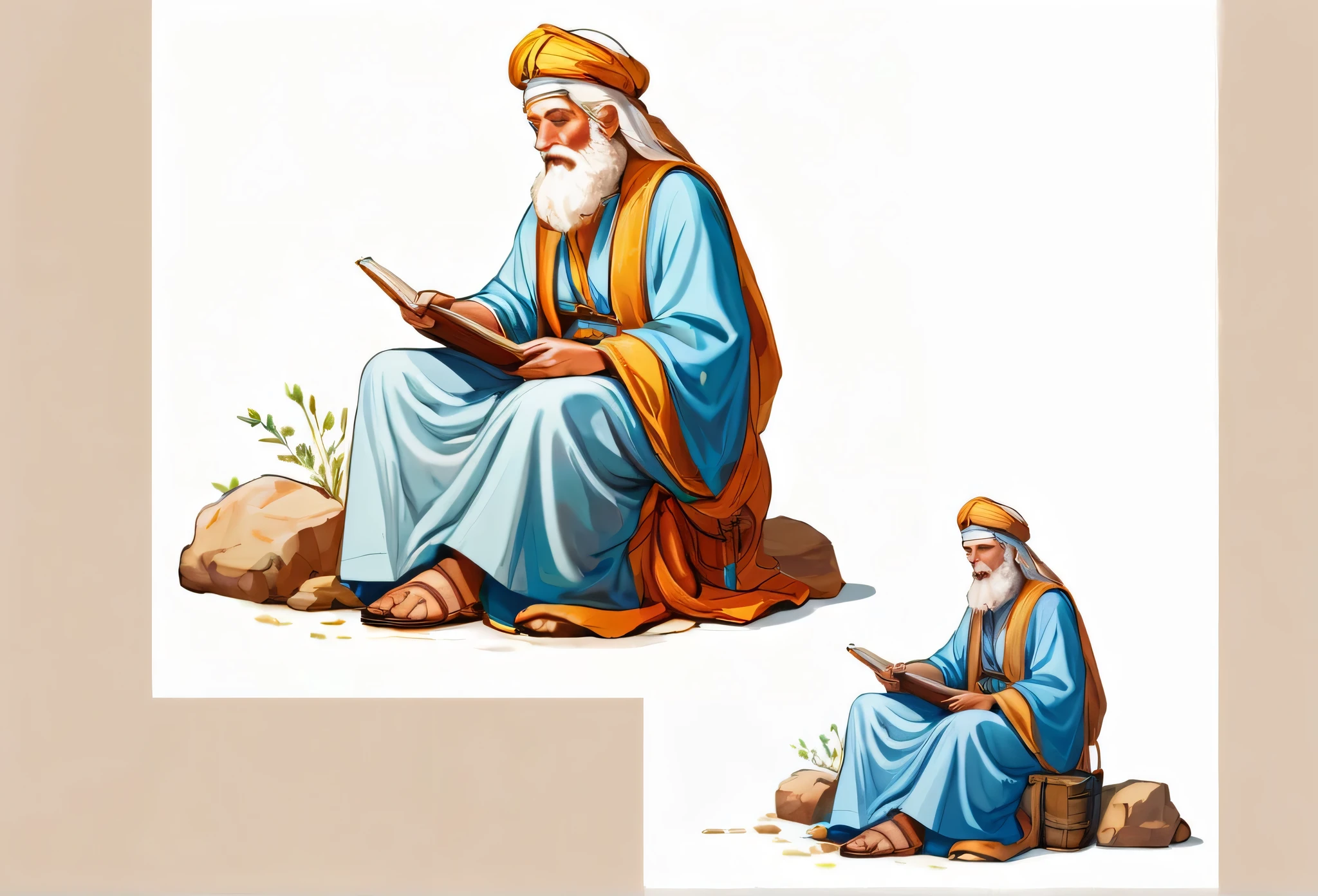 bible story, Abraham sitting on the floor, character design. Front view and side view. White background
(masterpiece best quality:1.2) delicate illustration ultra-detailed, illustrations, bright, colourful,