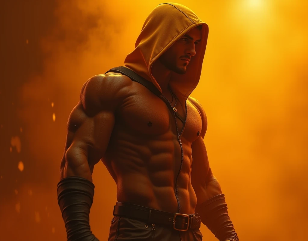 a hooded male character, detailed muscular body, intense orange and yellow color palette, dramatic lighting, cinematic composition, digital art, highly detailed, photorealistic, 8k, best quality, masterpiece