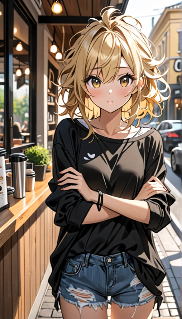 Beautiful and blond, messy styled hair, wearing all black, casual clothes, morning, free arms, cafe, looking at the viewer,