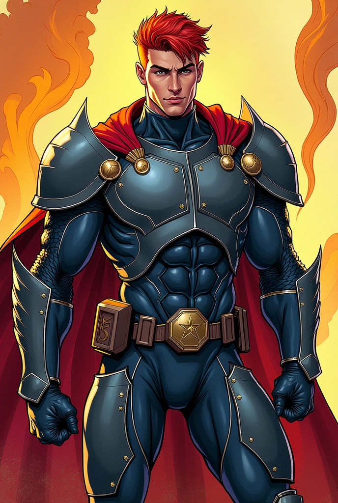A vibrant comic book illustration drawn by a renowned Marvel artist, representing a graphic novel style, with bold lines, intricate textures and kinetic energy, May he be a great and handsome gentleman, with a sexy face and big red hair, with a large armor, let it be very beautiful, with a young and handsome face