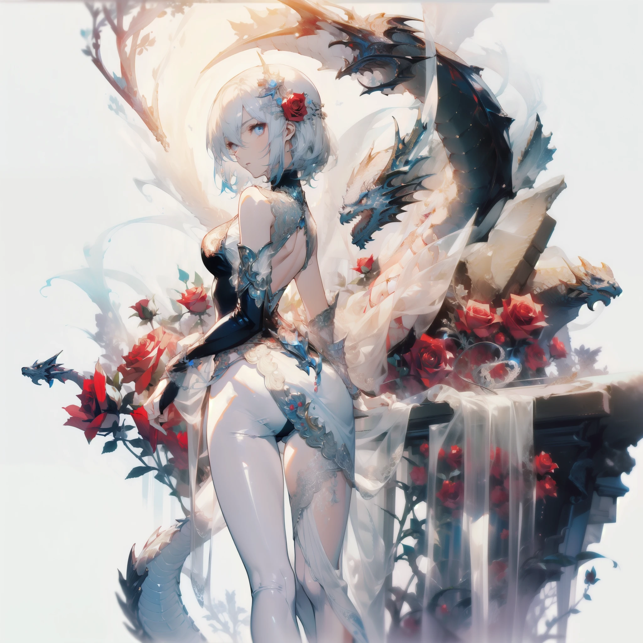 ((masterpiece, best quality)), Delicate face,Dragon Girl,whole body,Standing picture,Perfect body proportions,Long legs,Handsome short hair,beautiful eyes,Fantasy style,White background,Extremely beautiful,knight,Rose,transparent,Sexy bikini,Lace,exposed