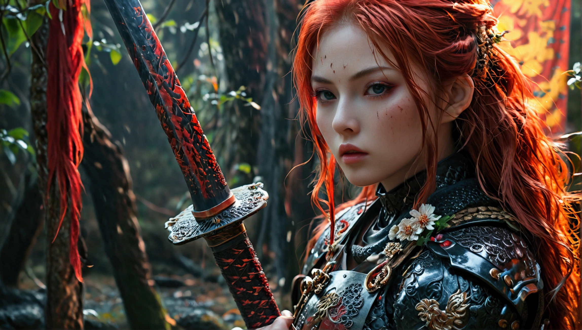 (8k, best quality, masterpiece:1.2), (photorealistic:1.4), RAW photo, best quality, ultra high res, best shadow, (full body:1.4), A female with long red hair, japanese armor, Samurai Sword, massive scale stunning environment, horror, dark horror, highly detailed facial features, beautiful and flawless face, perfect eyes