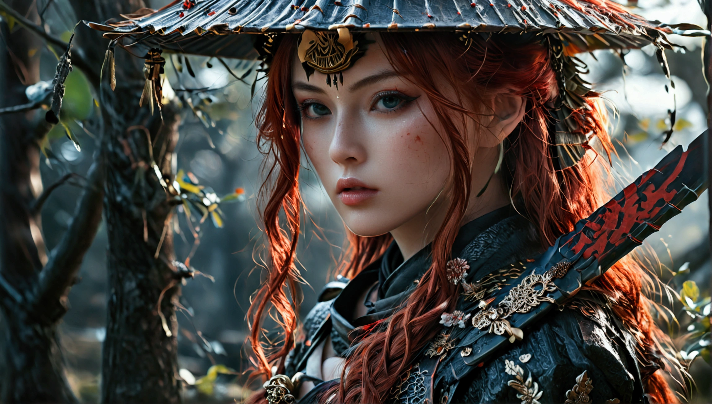 (8k, best quality, masterpiece:1.2), (photorealistic:1.4), RAW photo, best quality, ultra high res, best shadow, (full body:1.4), A female with long red hair, japanese armor, Samurai Sword, massive scale stunning environment, horror, dark horror, highly detailed facial features, beautiful and flawless face, perfect eyes