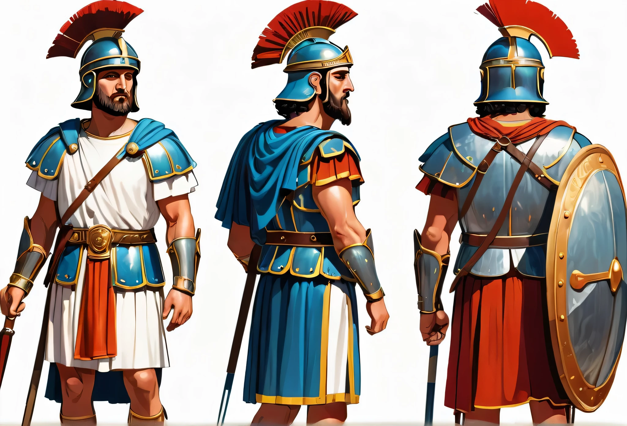 bible story, ancient Rome soldiers, character design. Front view and side view. White background
(masterpiece best quality:1.2) delicate illustration ultra-detailed, illustrations, bright, colourful,