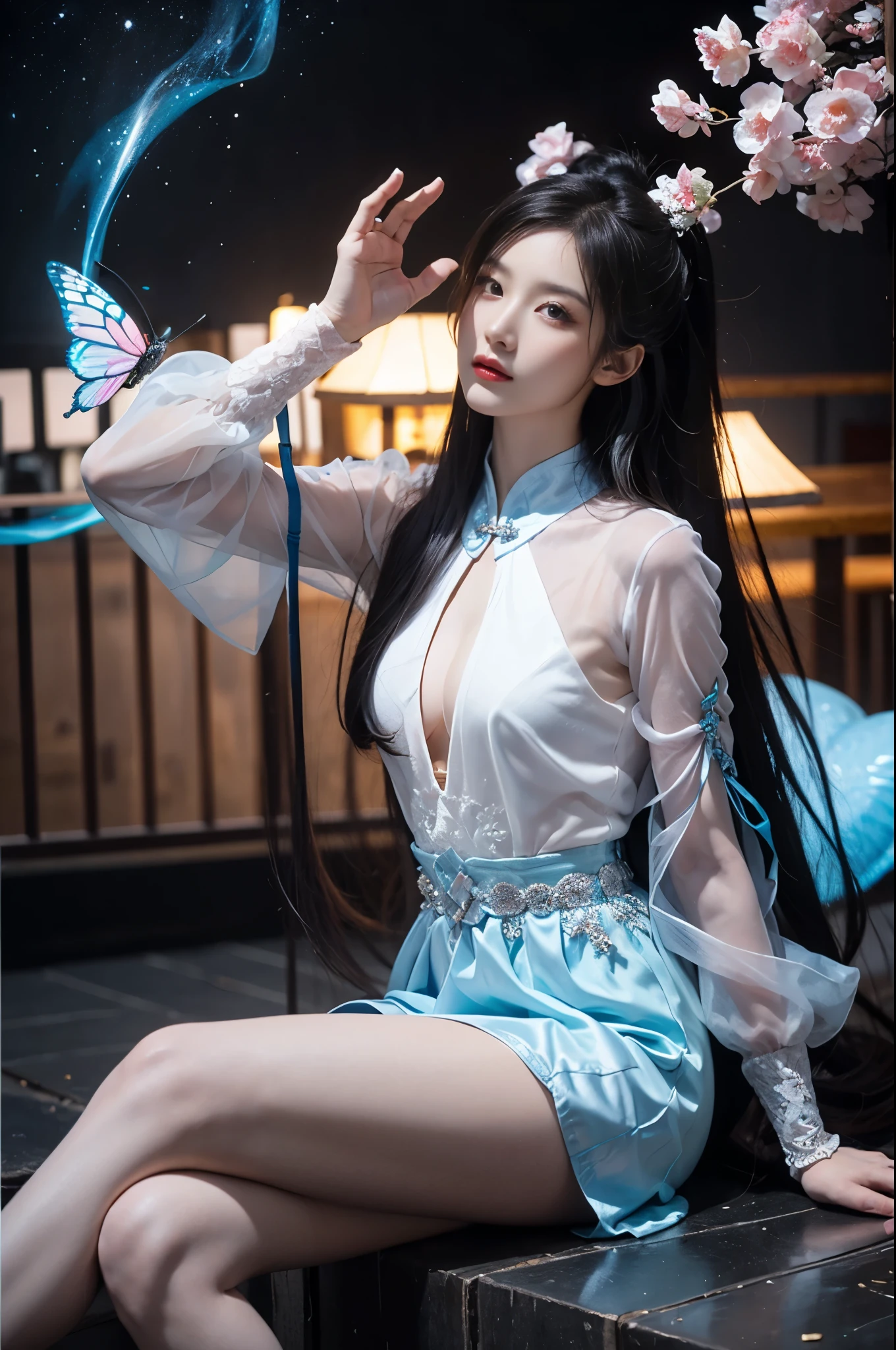 guqinghan,hell,chinese clothes,china dress, Beautiful dance dynamics, Sitting,Long legs , ((Flowing long hair))Official Art , Unity8k Wallpaper , Extremely detailed , Visible cleavage, Pretty and beautiful , Sexy long legs, masterpiece , best quality ,Practical, Very detailed illustrations ,Extremely detailed , Intricate details , Extremely complex and detailed , Very detailed 8KCG wallpaper , Caustics .reflection , Ray Tracing , Devil Theme ,nebula ,Dark aura, Network Effects , (1 Girl)Solitary , 小蓝Butterfly , Dozens of monarch butterflies around , (Blue plasma flame , (insect , Butterfly)) 圣光Butterfly天使 , Butterfly翅膀 , Pastel tones in Rococo style ,Light white and light dark red , Incredibly beautiful , Cherry blossoms , Surrealism ,painting , Ethereal , Mixing reality and fantasy elements ,Ray Tracing , Complex patterns , Delicate lines , Perfect your hands, Starry Sky , rich and colorful , Star