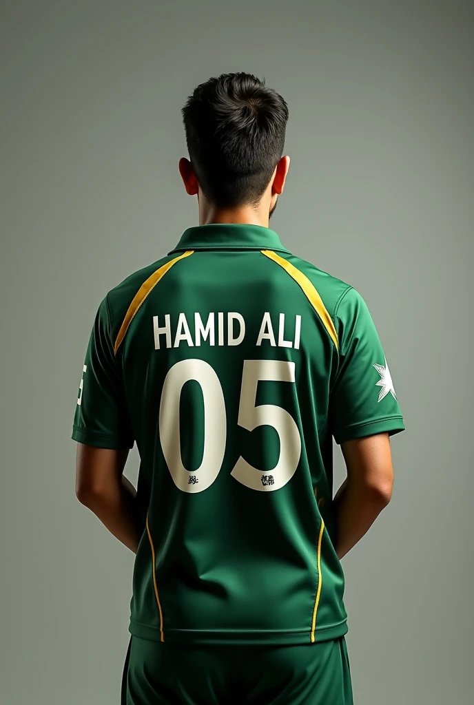 A man standing wearing a Pakistan Cricket Team shirt with Hamid Ali 05 written on the back.