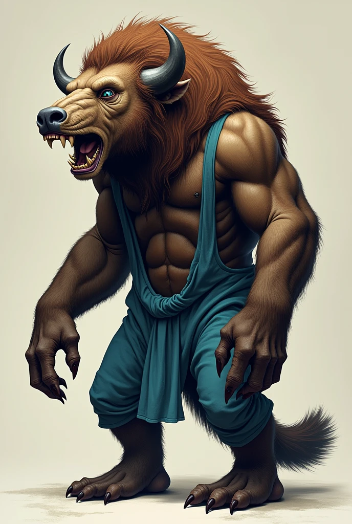 Head and face of a buffalo、The tusks and nose are those of a wild boar、Eyebrows are gorilla-like、The long tail is a wolf、Mane of a lion、The big body is a bear、A humanoid beast with only blue eyes、Wearing blue clothes and looking sloppy