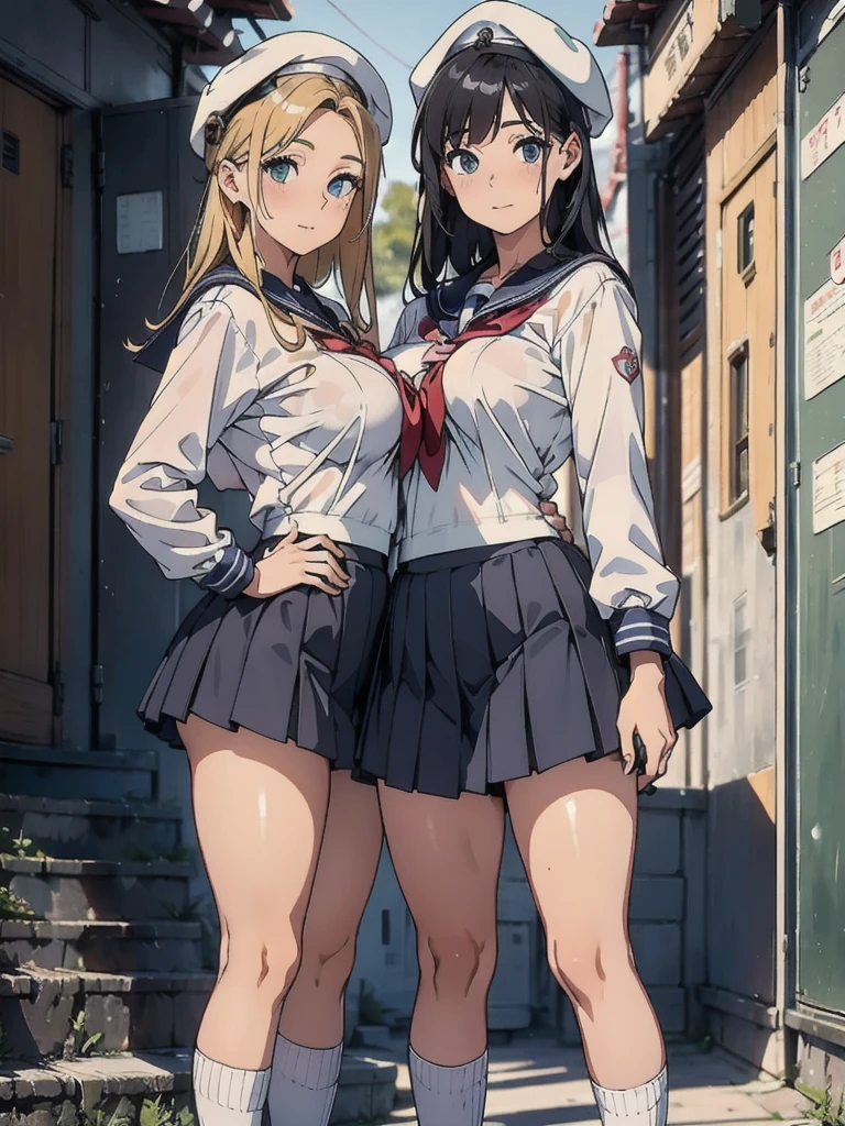Two women in uniform posing for a photo, Photorealistic perfect body、Standing back to back、high school student,、Big Breasts、Sailor suit、mini skirt、beret