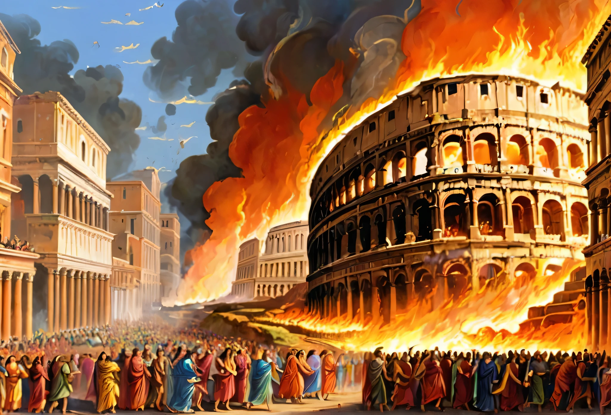 bible story, city Sodom on fire, people leaving the city. Ancient Rome
(masterpiece best quality:1.2) delicate illustration ultra-detailed, illustrations, bright, colourful,