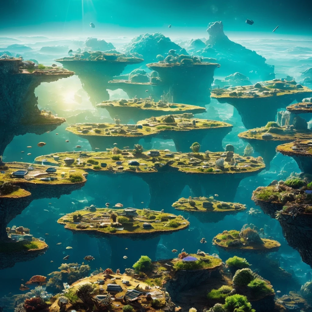 Hyperrealistic art cinematic film still photography, fantasy,. shallow depth of field,
Create a beautiful piece of scrupulous digital art
”The Trouvaille”
3 transparent glass-like cubes jointed together as naturally a crystallized pyrite, at times even appearing static when caught in the cosmic doldrums of comparing light to time while lumbering across our galaxy, contained in these 3 cubes are 3 separate and distinct worlds within . The first world is a lush green paradise with towering trees with birds insects and lower primates The second world is a seemingly barren desert landscape with swirling sand dunes, but teeming with life below the surface. The third world is a frozen sea full of mammals, fish and invertebrates. Seeding a newly formed solar system a thousand lifetimes away. Incredible composition full of deep rich colours,
vignette, moody, epic, gorgeous,. realism pushed to extreme, fine texture, incredibly lifelike