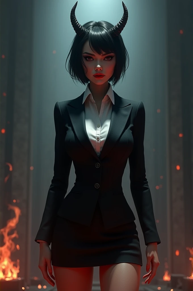 Newscaster from Hell(female)
A suit with short horns(The skirt is short)
Short Hair