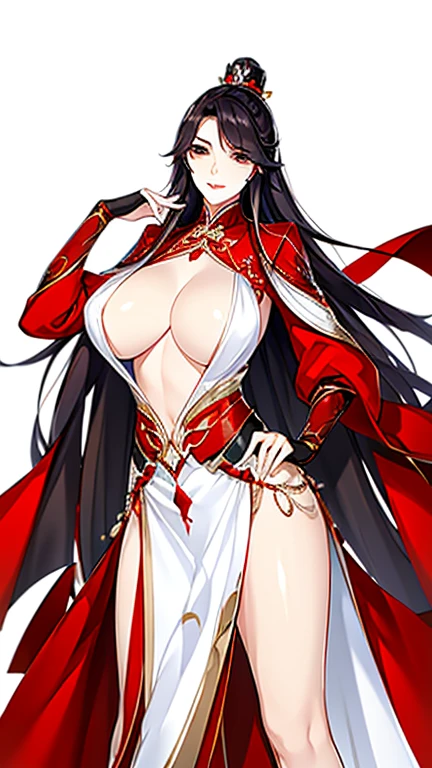 1 Woman, mature, High (1.85 cm), looks about 35 years old, has long black hair, straight and shiny, tied in the Chinese Taoist style, majestic black eyes, Extremely detailed eyes, perfect eyes, đôi mắt cực kỳ thực tế, balanced eyes, Long eyelashes, Anime style, perfect face, milf face, full red lips, mature, smooth white skin, natural body, sexy body, milf body, Perfect hands, detailed hands, arms in proportion to the body, đôi tay thực tế, arm with good anatomy, She was wearing only a red Chinese style dress decorated with gold and silver with phoenix motifs woven into the dress but still could not hide her extremely large and gigantic breasts., very big breasts, four hands can lift,breasts sag due to their size, leggy, thick thighs, wide hips, wear black socks, full body drawing, have full arms and legs, look at the viewer, The background is a Chinese-style pavilion., pose alone, look at the viewer.