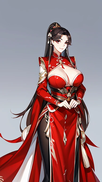 1 Woman, mature, High (1.85 cm), looks about 35 years old, has long black hair, straight and shiny, tied in the Chinese Taoist style, majestic black eyes, Extremely detailed eyes, perfect eyes, đôi mắt cực kỳ thực tế, balanced eyes, Long eyelashes, Anime style, perfect face, milf face, full red lips, mature, smooth white skin, natural body, sexy body, milf body, Perfect hands, detailed hands, arms in proportion to the body, đôi tay thực tế, arm with good anatomy, She was wearing only a red Chinese style dress decorated with gold and silver with phoenix motifs woven into the dress but still could not hide her extremely large and gigantic breasts., very big breasts, four hands can lift,breasts sag due to their size, leggy, thick thighs, wide hips, wear black socks, full body drawing, have full arms and legs, look at the viewer, The background is a Chinese-style pavilion., pose alone, look at the viewer.