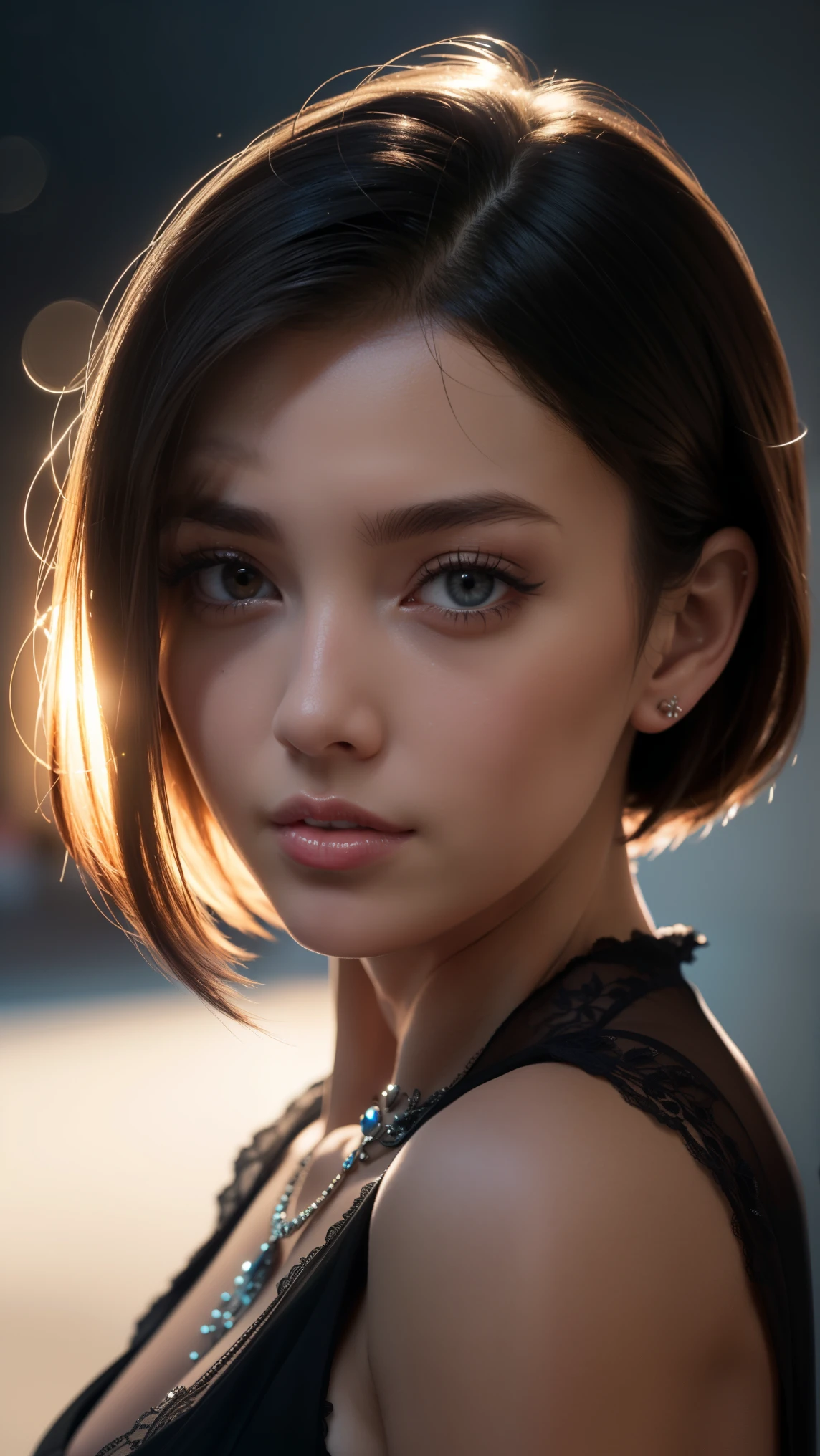 masterpiece, best quality, (extremely detailed CG unity 8k wallpaper, masterpiece, best quality, ultra-detailed, best shadow), (detailed background), (beautiful detailed face, beautiful detailed eyes), High contrast, Realistic woman, frecles, (best illumination, an extremely delicate and beautiful), short hair, hair ornament, accessories, piercing, intricate background, colorful light_particles, space, dark background,  