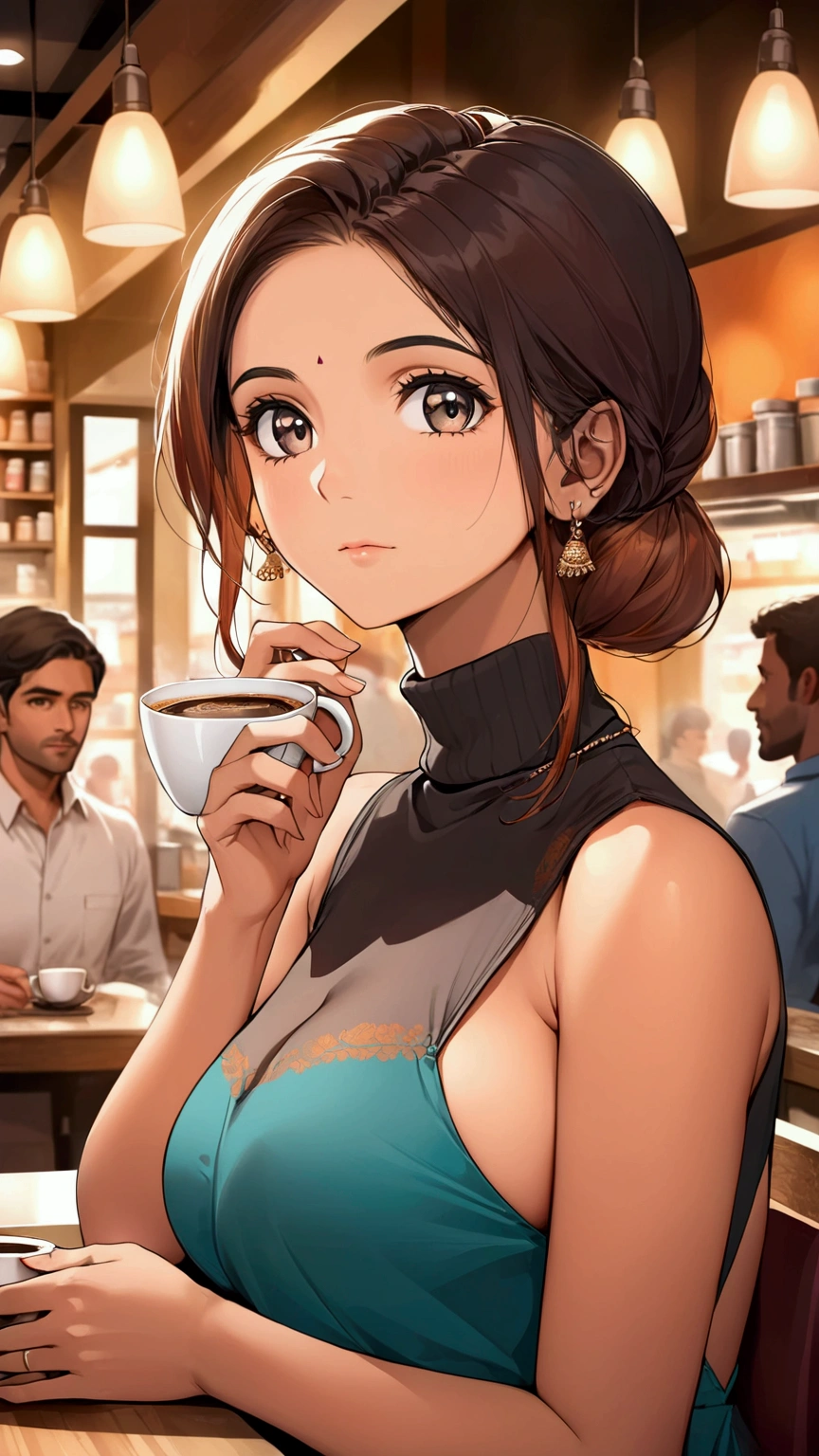 Create an image of a woman in a sleeveless, turtleneck dress, sitting in a busy coffee shop. Huge bust side cute, breasts visible from side,  She is drinking coffee and looking directly at the viewer with a subtle, thoughtful expression. The scene is captured from a distance, allowing the bustling environment of the crowded coffee shop to be visible, with people engaged in conversation and baristas working in the background. The woman’s side breast is subtly highlighted by the cut of her dress, adding a touch of elegance to her relaxed pose. The overall mood of the image is vibrant yet intimate, with warm lighting enhancing the cozy atmosphere. Chaitra, indian women 