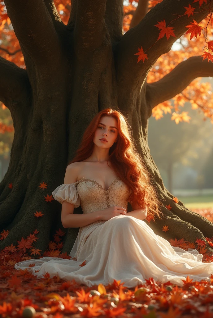 Olena: A 20-year-old with long, flowing reddish-brown hair that cascades down her back, and deep hazel eyes that reflect wisdom beyond her years. She wears an elegant, fantasy-inspired gown, the fabric shimmering with subtle iridescence. Her posture is poised, yet there's an air of vulnerability about her, as if she's caught between worlds.
Composition: Olena is lying peacefully under the sprawling branches of a massive maple tree. The tree's leaves are a vibrant tapestry of autumnal reds and golds, gently rustling in the breeze. Sunlight filters through the foliage, casting dappled patterns of light and shadow on Olena's serene face and gown. The soft ground beneath her is covered in a blanket of fallen leaves, adding to the scene's tranquil beauty. Her hands rest lightly on her chest, and her expression is one of quiet contemplation, as though she is lost in a dream or on the brink of awakening into another realm.