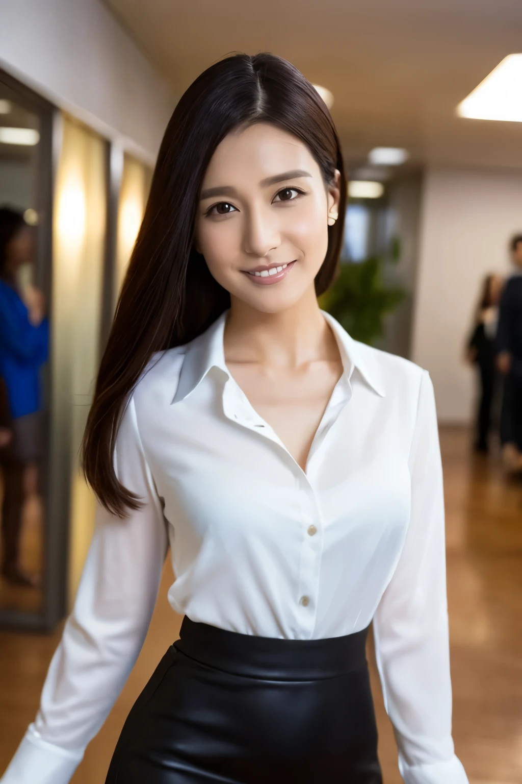 (Highest quality、Tabletop、8k、Best image quality、Award-winning works)、1 Beauty, very cute, Great face and eyes, (Beautiful lovely smile), (Highly detailed beautiful face), Bright and shiny lips, look at me、(Black tight mini skirt:1.1)、(Face close-up:1.3)、(White polyester open office blouse:1.3)、(Small cleavage:1.1)、 Accentuate your body lines、Slender body、Cinema Lighting、(Standing in a stylish and beautiful modern office corridor:1.2)、(Strongly blurred background:1.2)、(Romantic lighting for epic films:1.1)、(Accurate anatomy:1.1)、(Very white skin:1.2)、