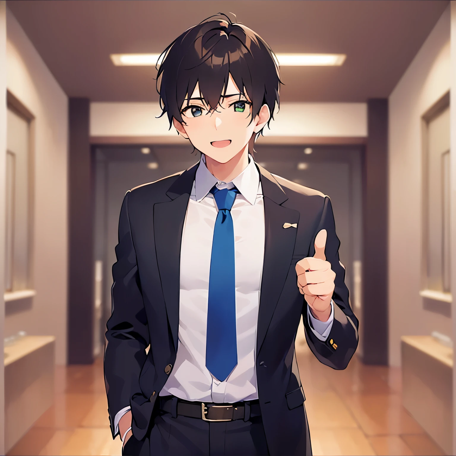 thumbs up,  upper body、 masterpiece、Highest quality、(25-year-old male:1.5) and (Brown short hair) and (green eyes), BREAK (suit:1.5) and (Blue tie） BREAK 立っている、smile、open mouth, The background is the conference room、alone、Upper body is shown