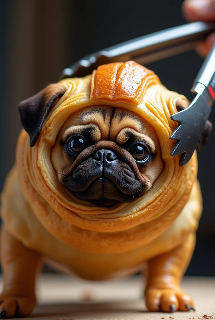 A large croissant with a pug's face on it being held with tongs. Side view. The tongs have black tips.