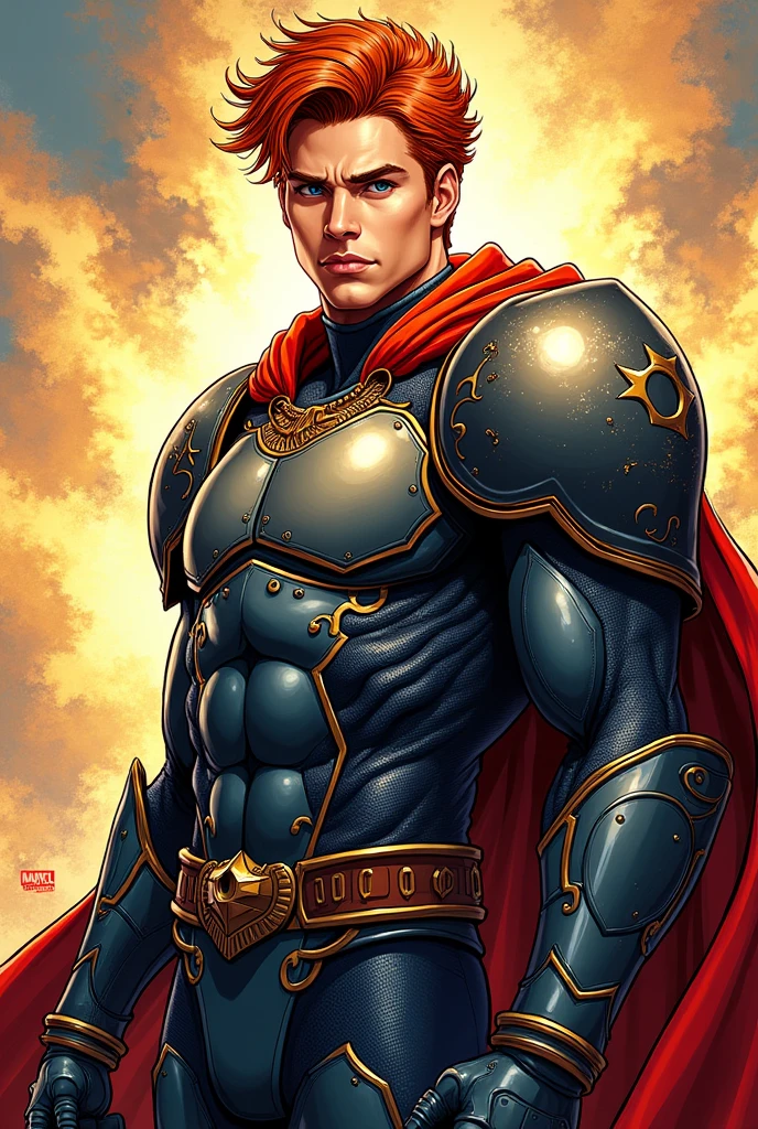 A vibrant comic book illustration drawn by a renowned Marvel artist, representing a graphic novel style, with bold lines, intricate textures and kinetic energy, May he be a great and handsome gentleman, with a sexy face and big red hair, with a large armor, let it be very beautiful, with a young face and younger bet