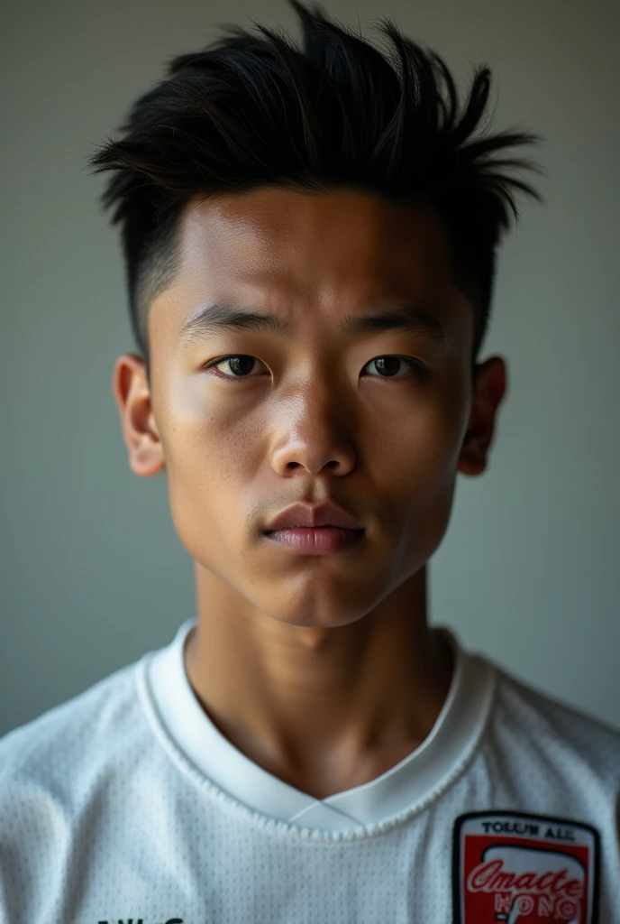 15 year old southeast asian football player looking straight into the camera