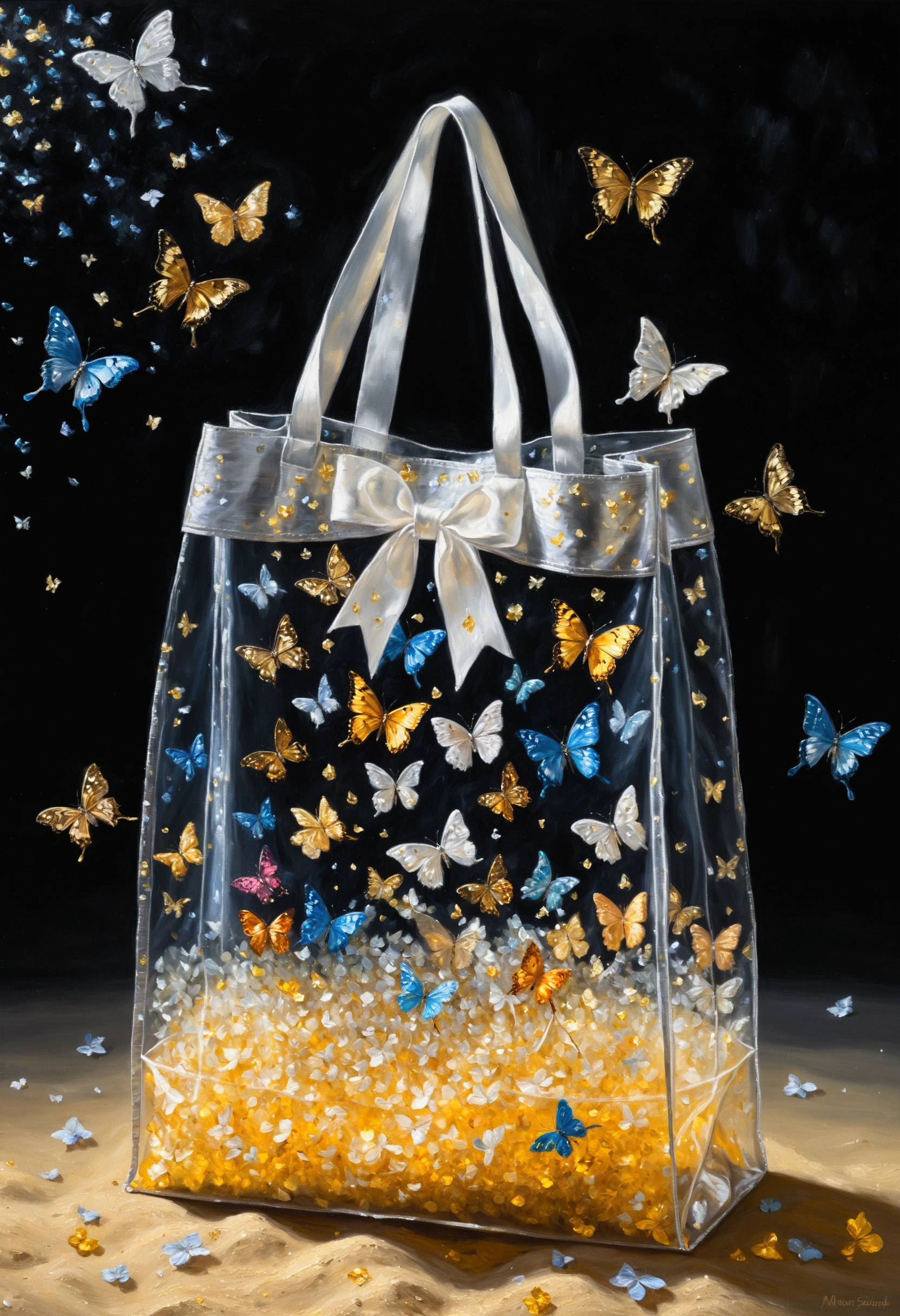 oil painting, a very transparent bag with crystal material, a white ribbon ties the bag, 6 small colorful butterflies flying inside the bag, a few golden sands in the bag, black background, fantasy, glittering particles around the bag, magical atmosphere, detailed texture, low purity tone, Monet style