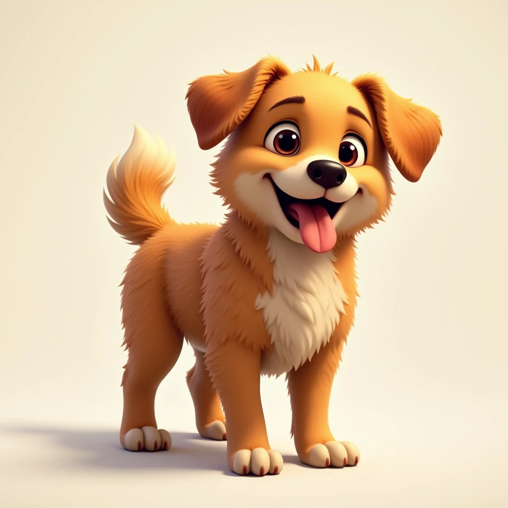 "A medium-sized, friendly-looking dog with a shiny, golden-brown coat. It has expressive, dark eyes and a wagging tail. The dog’s ears are floppy, and it has a playful stance with its tongue out and a happy expression."