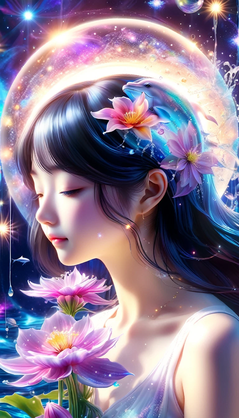 Made by AIS-RCN, 8K Photo, "words, Dolphin, Jump out of the light, Transform your thoughts into delicate works of art.", Supple, Black light、A Japanese girl holding a cosmos flower and crying、Cute face