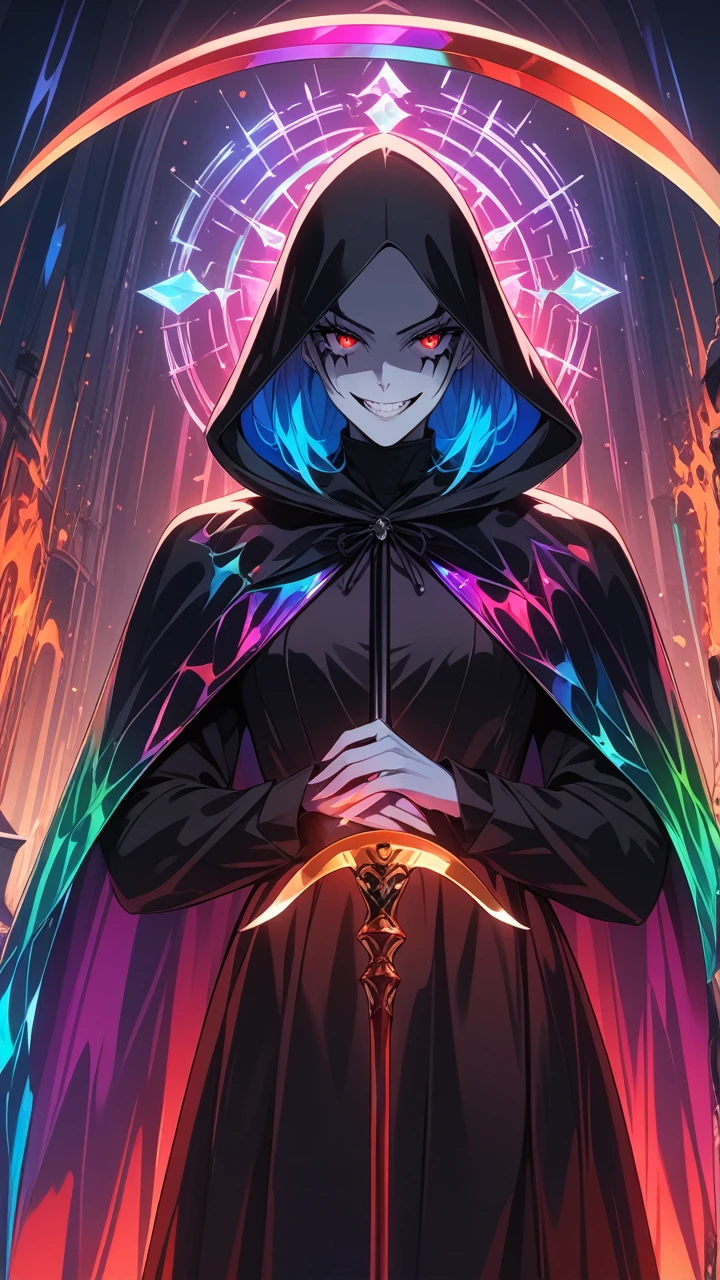 Highest quality masterpiece High resolution masterpiece, cape, hood, blunt cut, red eyes, evil smile, prismatic,holographic, Chromatic, colorful, grim reaper clothes, Scythe, hell