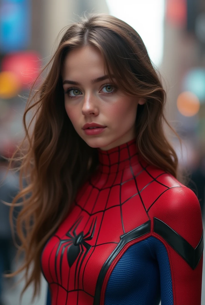 realistic ,girl with brown hair, long hair, green eyes, in the city, white , 21 year old, American, red and blue spider suit