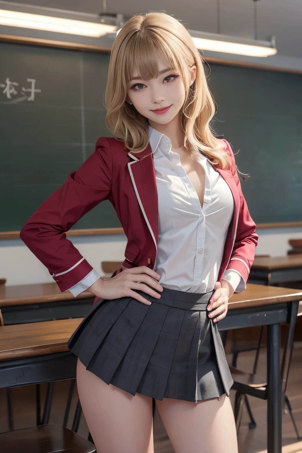 masterpiece,Highest quality, 8k, Ultra-high resolution, Very detailed, One girl, Medium chest, Wide open waist, thin, (Muscular:0.7), Rose Orianna Blonde Hair, Drill Hair, Blunt bangs, school uniform,blazer, Frilled shirt, skirt, Beautiful thighs, Round Breasts, 立った状態でMedium chest, Sexy pose, Put your hands on your hips, Waist shot, Watch with a viewer, blush ,smile, Lips parted