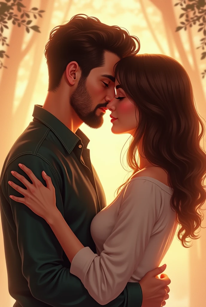 White man with goatee beard and brown hair, kissing white woman short shoulder length wavy brown hair