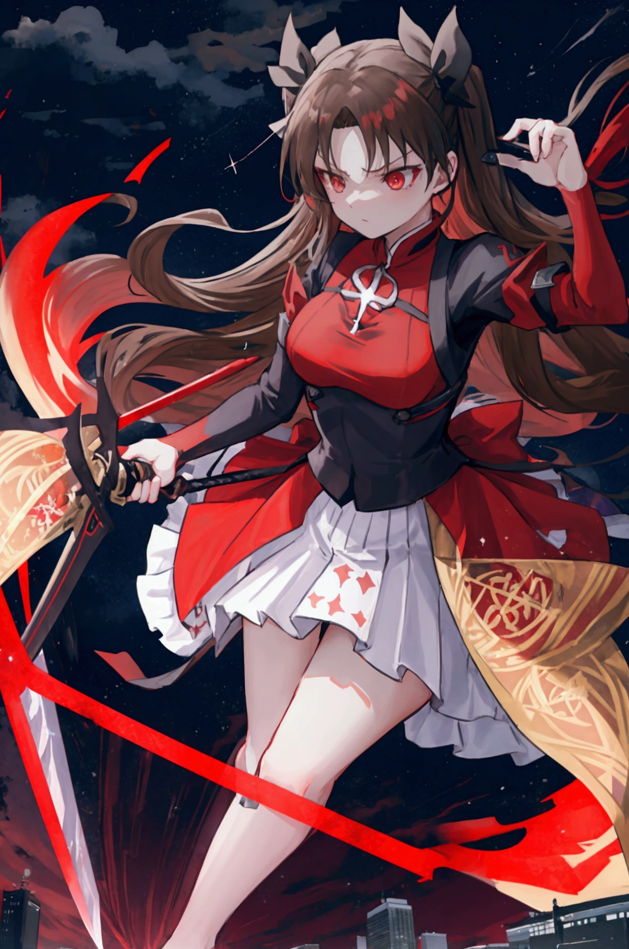 A dynamic scene of Tohsaka Rin from the Fate anime series, standing on a rooftop in Tokyo at night. She is holding a glowing sword imbued with magical energy, with her determined expression focused forward. The night sky is filled with twinkling stars and the city's neon lights, casting a vibrant glow on her figure. Her long brown hair flows with the wind, and her iconic red and black outfit contrasts with the dark background. Magical symbols and runes surround the sword, illuminating the scene with a mystical aura