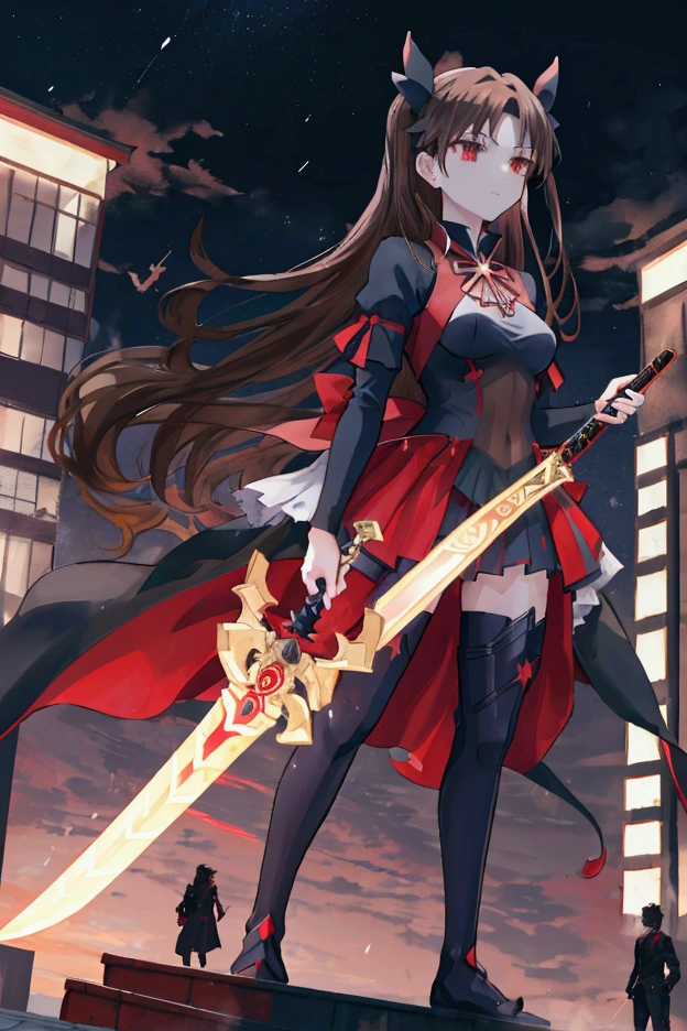 A dynamic scene of Tohsaka Rin from the Fate anime series, standing on a rooftop in Tokyo at night. She is holding a glowing sword imbued with magical energy, with her determined expression focused forward. The night sky is filled with twinkling stars and the city's neon lights, casting a vibrant glow on her figure. Her long brown hair flows with the wind, and her iconic red and black outfit contrasts with the dark background. Magical symbols and runes surround the sword, illuminating the scene with a mystical aura